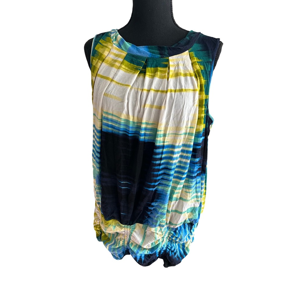 Worthington Womens XL Abstract Print Pleated Neck Smocked Bubble Hem Blouse Blue